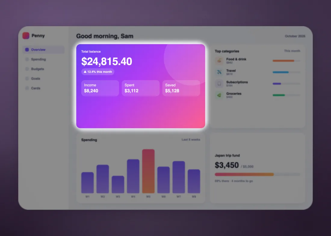 The same dashboard with the balance card kept bright and the rest dimmed