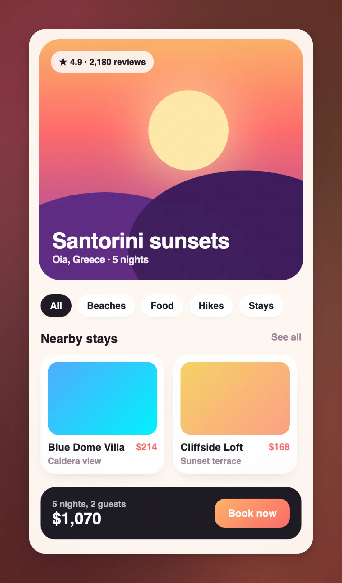 A tall travel-app screen on a backdrop matched to its colours